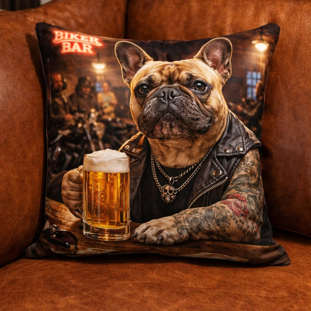The Biker- Personalised Dog Portrait Cushion
