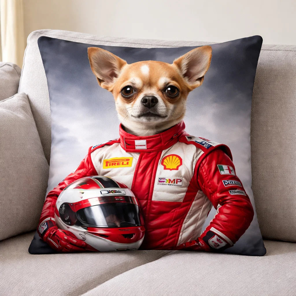 The F1 Driver- Personalised Dog Portrait Cushion